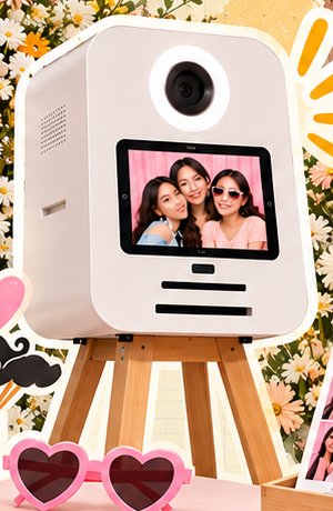 Photobooth box putih dengan layar sentuh